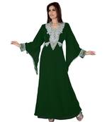 Bottle Green Embroidered Faux Georgette Islamic Kaftan