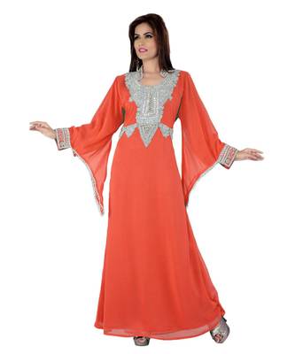Coral Embroidered Faux Georgette Islamic Kaftan 1