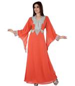 Coral Embroidered Faux Georgette Islamic Kaftan