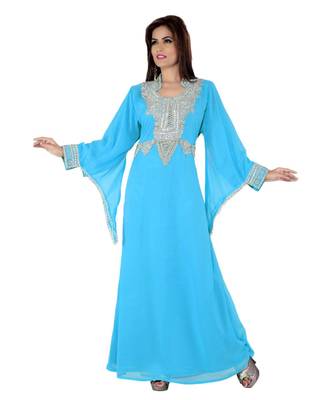 Sky Blue Embroidered Faux Georgette Islamic Kaftan 1