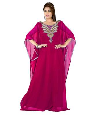 Fuchsia Pink Embroidered Faux Georgette Islamic Kaftan 1