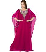 Fuchsia Pink Embroidered Faux Georgette Islamic Kaftan