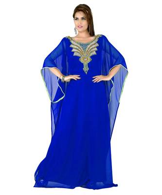 Royal Blue Embroidered Faux Georgette Islamic Kaftan 1