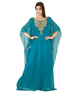 Teal Embroidered Faux Georgette Islamic Kaftan 1