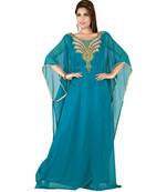 Teal Embroidered Faux Georgette Islamic Kaftan