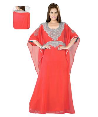 Coral Embroidered Faux Georgette Islamic Kaftan 1