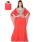 Coral Embroidered Faux Georgette Islamic Kaftan
