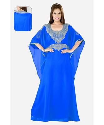 Royal Blue Embroidered Faux Georgette Islamic Kaftan 1
