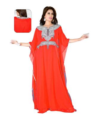 Coral Embroidered Faux Georgette Islamic Kaftan 1
