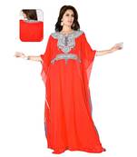 Coral Embroidered Faux Georgette Islamic Kaftan