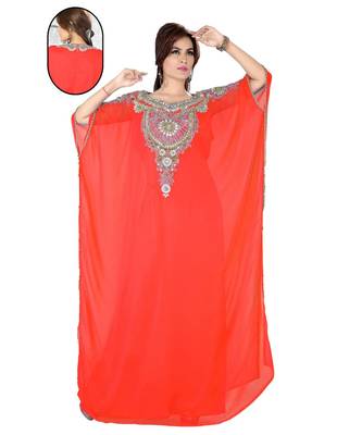 Coral Embroidered Faux Georgette Farasha 1