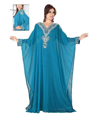Teal Embroidered Faux Georgette Farasha 1