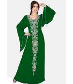 Bottle Green Embroidered Faux Georgette Islamic Kaftan