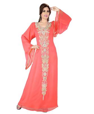 Coral Embroidered Faux Georgette Islamic Kaftan 1