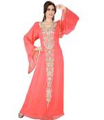 Coral Embroidered Faux Georgette Islamic Kaftan