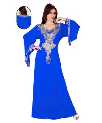 Royal Blue Embroidered Faux Georgette Islamic Kaftan 1