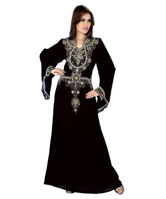 Black Embroidered Faux Georgette Islamic Kaftan 1