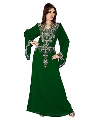 Bottle Green Embroidered Faux Georgette Islamic Kaftan 1