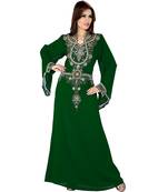 Bottle Green Embroidered Faux Georgette Islamic Kaftan