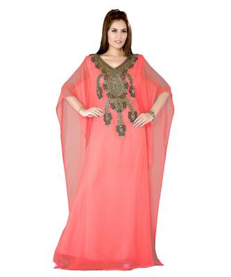 Coral Embroidered Faux Georgette Farasha 1