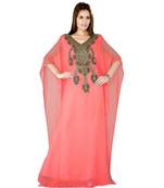 Coral Embroidered Faux Georgette Farasha