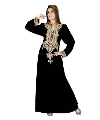Black Embroidered Faux Georgette Islamic Kaftan 1
