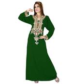 Bottle Green Embroidered Faux Georgette Islamic Kaftan