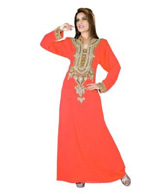 Coral Embroidered Faux Georgette Islamic Kaftan 1