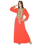 Coral Embroidered Faux Georgette Islamic Kaftan