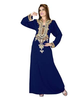 Navy Blue Embroidered Faux Georgette Islamic Kaftan 1