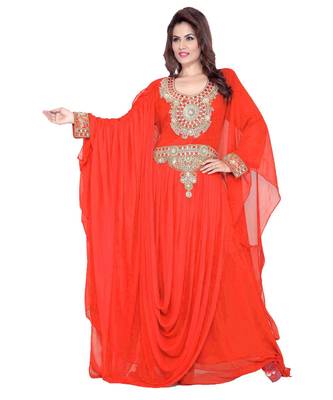 Coral Embroidered Faux Georgette Farasha 1