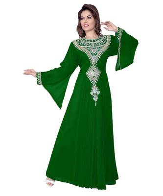 Bottle Green Embroidered Faux Georgette Islamic Kaftan 1