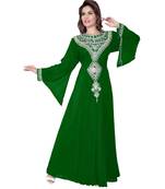 Bottle Green Embroidered Faux Georgette Islamic Kaftan