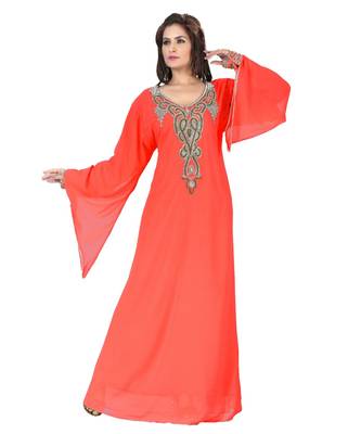 Coral Embroidered Faux Georgette Islamic Kaftan 1