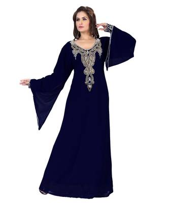 Navy Blue Embroidered Faux Georgette Islamic Kaftan 1
