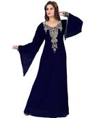 Navy Blue Embroidered Faux Georgette Islamic Kaftan