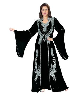 Black Embroidered Faux Georgette Islamic Kaftan 1