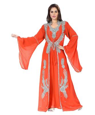 Coral Embroidered Faux Georgette Islamic Kaftan 1