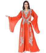 Coral Embroidered Faux Georgette Islamic Kaftan