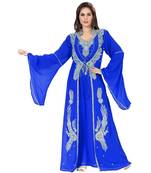 Royal Blue Embroidered Faux Georgette Islamic Kaftan