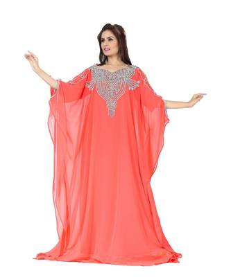Coral Embroidered Faux Georgette Farasha 1
