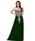 Bottle Green Embroidered Faux Georgette Fustan