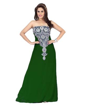 Bottle Green Embroidered Faux Georgette Fustan 1