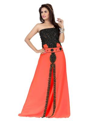 Coral Embroidered Faux Georgette Fustan 1