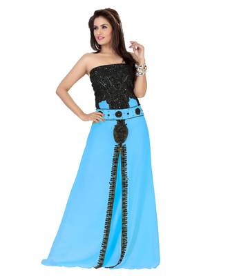 Sky Blue Embroidered Faux Georgette Fustan 1