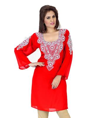 Red Embroidered Faux Georgette Kurti 1