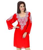 Red Embroidered Faux Georgette Kurti
