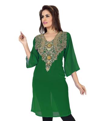 Bottle Green Embroidered Faux Georgette Kurti 1