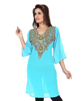 Sky Blue Embroidered Faux Georgette Kurti 1
