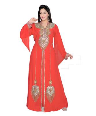 Coral Embroidered Faux Georgette Islamic Kaftan 1